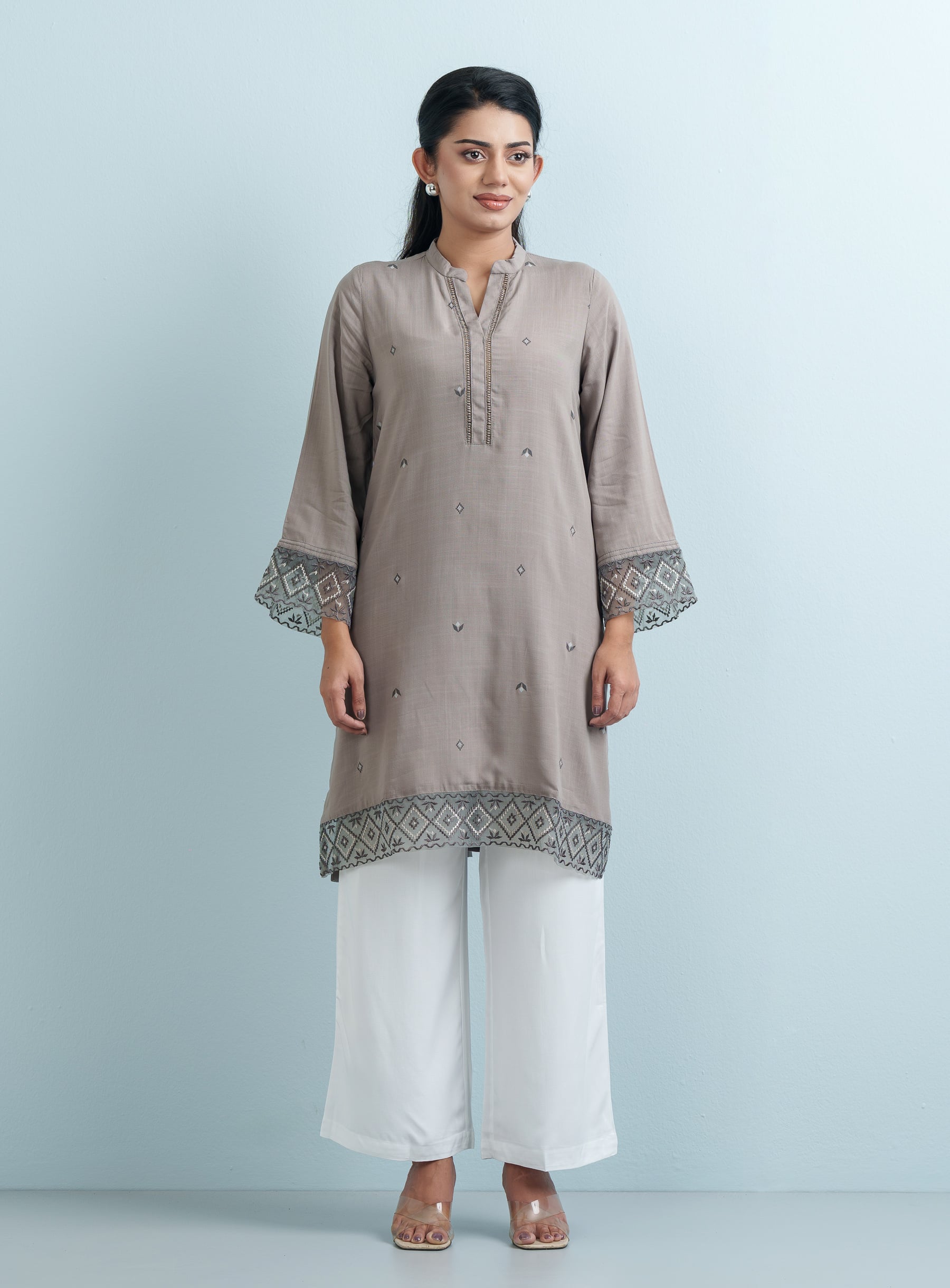 Taupe Geometric Tassel Tops Long
