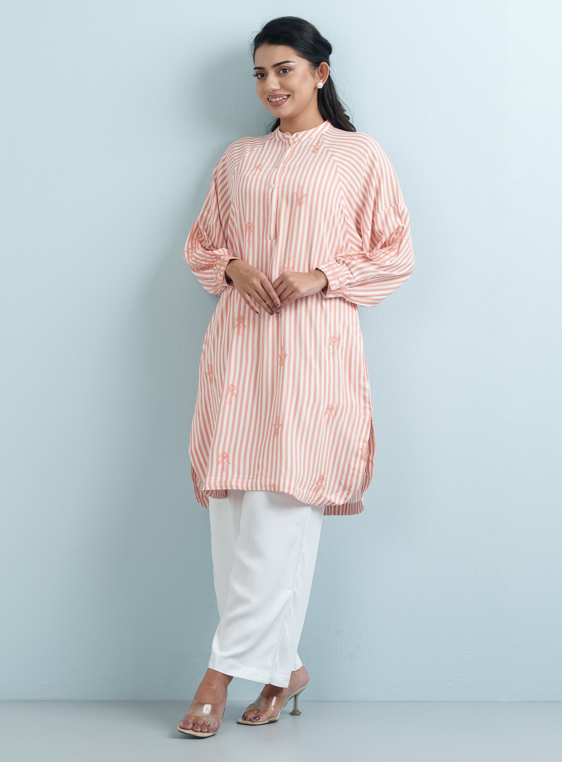 Coral Pinstripe Mandarin Tops Long